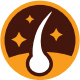 logo featuring a stylized hair strand surrounded by sparkling stars on a brown and orange background representing beauty and hair care solutions for healthy hair