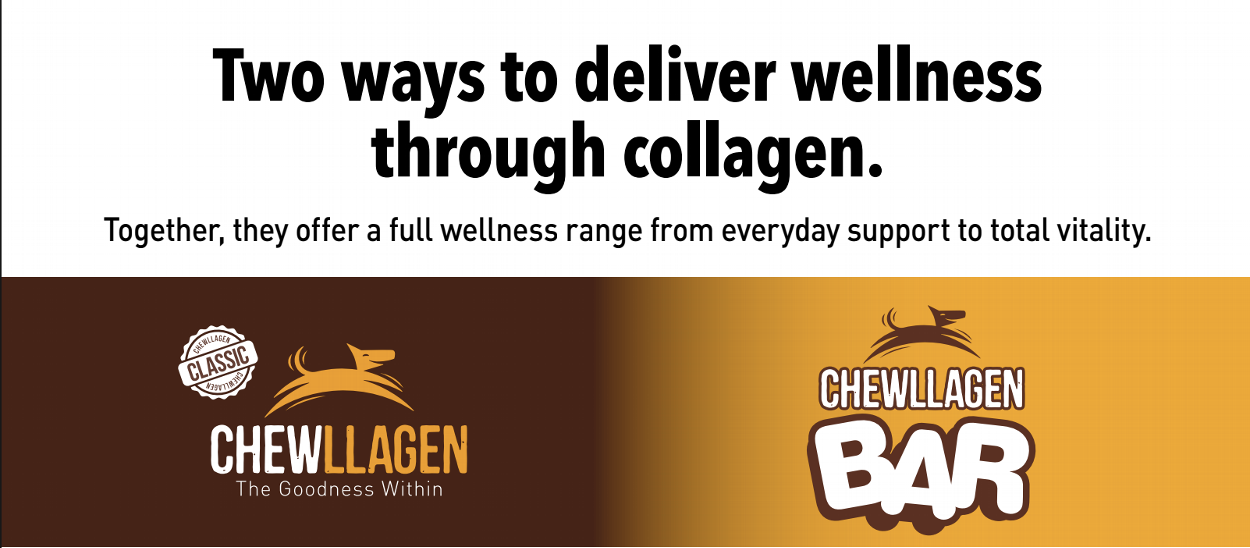 Two ways to deliver wellness through collagen featuring Chewllagen Classic and Chewllagen Bar offering full support for wellness and vitality benefits of collagen six ways